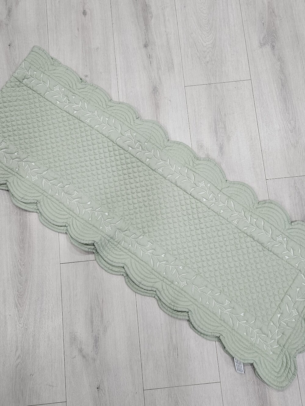 Shabby Chic Sage Seafoam Green Table Runner Quilted Scalloped Edge Floral Stitch
